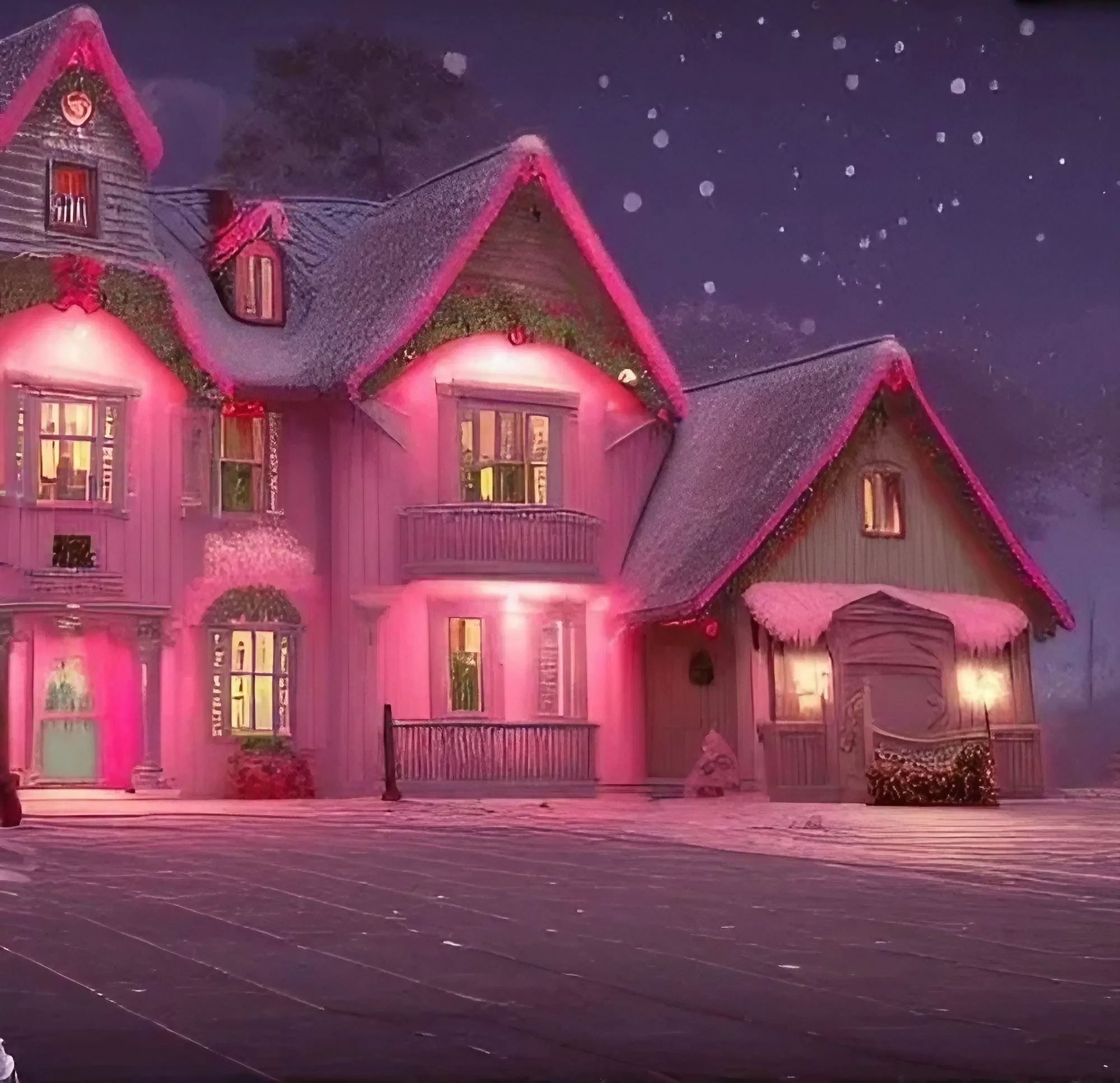 Cute pink house with Christmas decoration